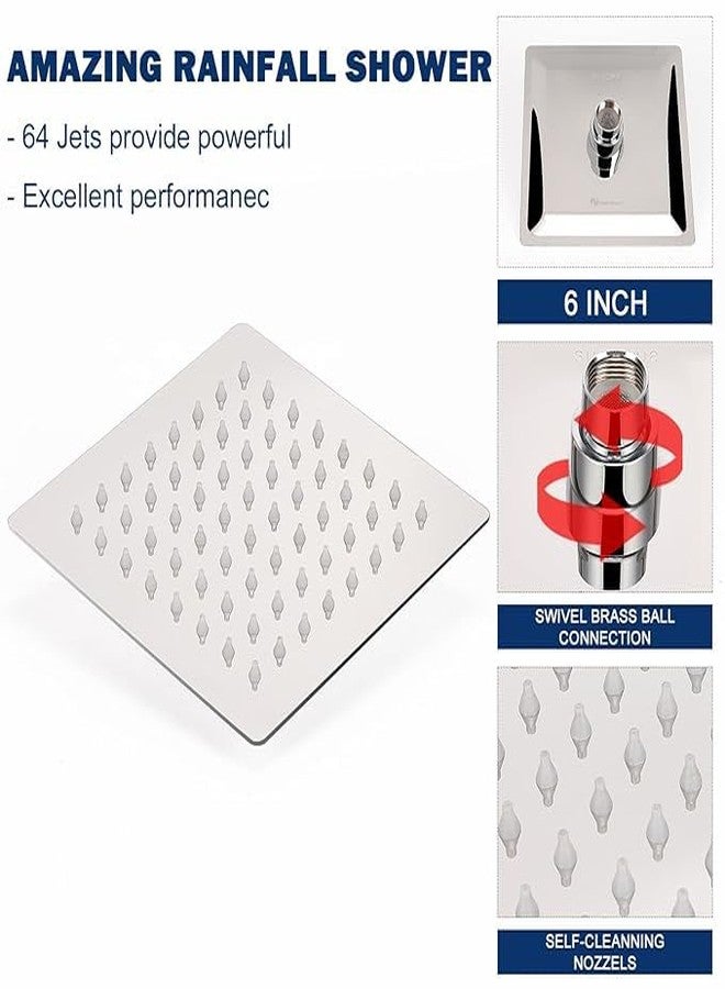 SEARENE BATHWARE SS-304 Stainless Steel Rain Shower Head | 6x6 Inch High-Flow Square Rainfall Showerhead for Bathroom | Wall-Mounted, Chrome Finish | Anti-Clog Silicone Nozzles | High Pressure - Image 2